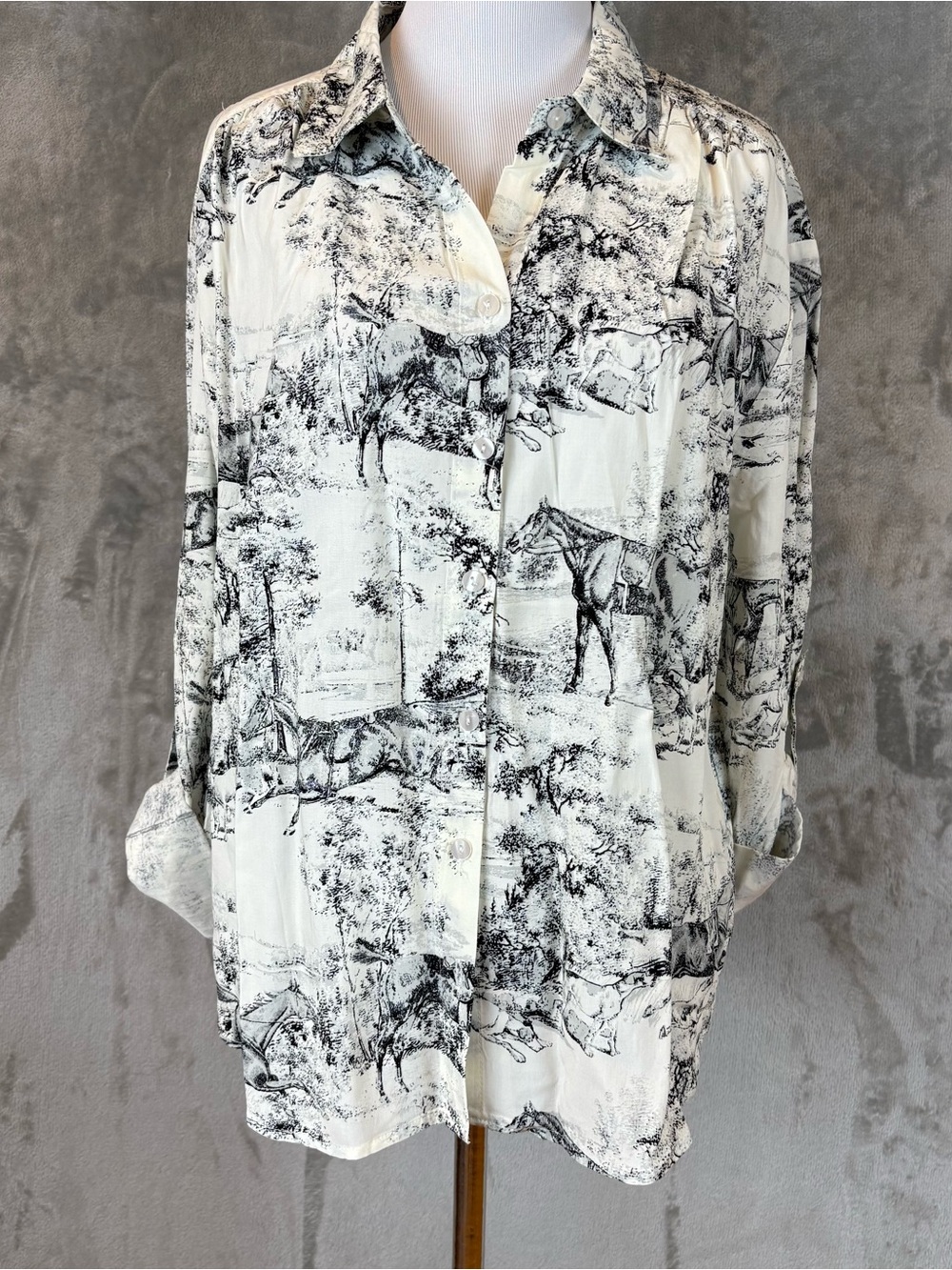 Jane and Delancey Black and White Horse Print Button-Down Shirt